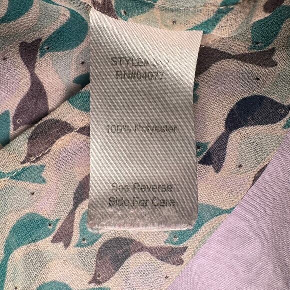 CAbi Women's Size Large Blouse Tweet Birds Faux Wrap Sheer Blue Teal Style #342 - Picture 7 of 9